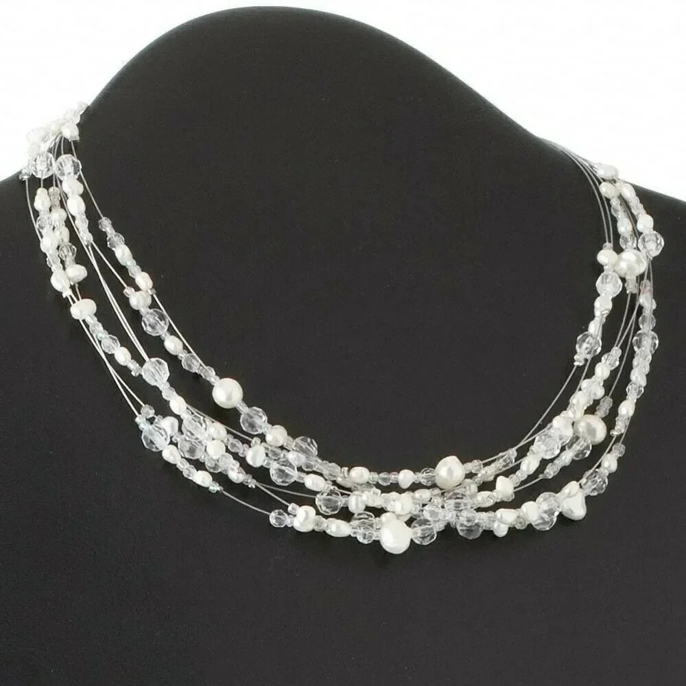 Multi-Strand Floating Freshwater Pearl and Small Glass Beads Necklace